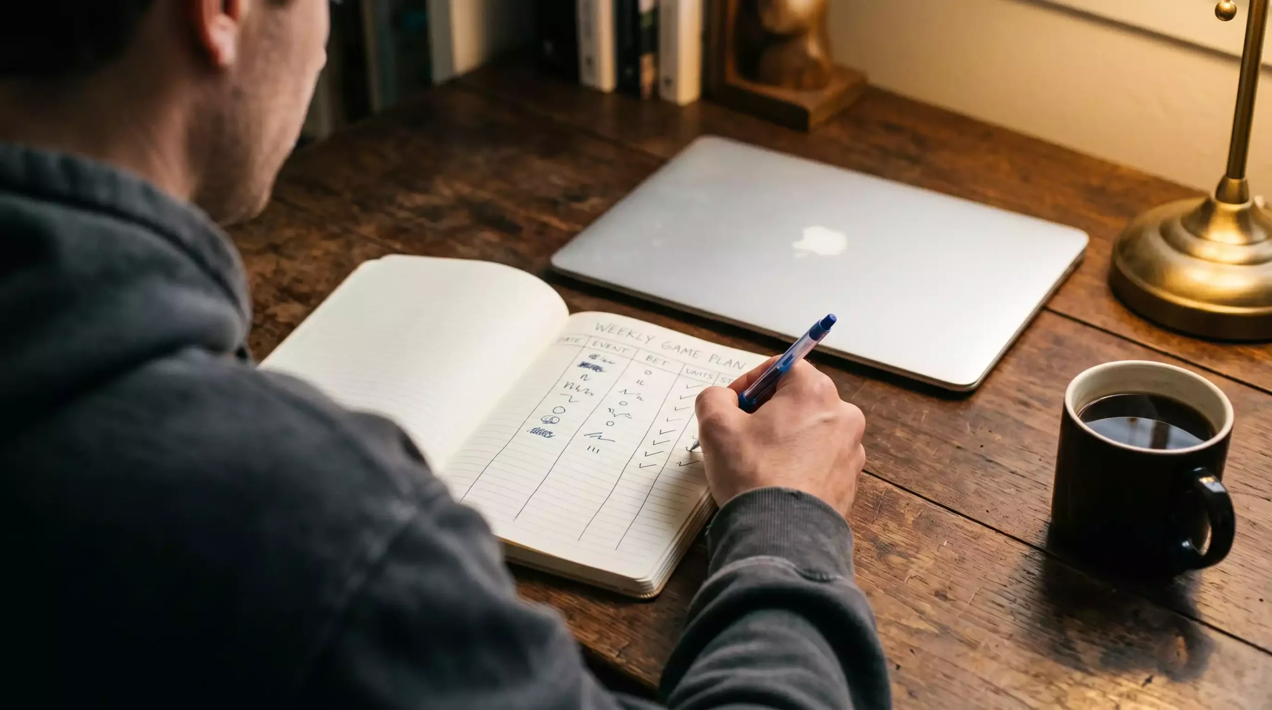 UK punter writing stake size and session limits in a paper notebook beside a laptop showing a virtual basketball lobby