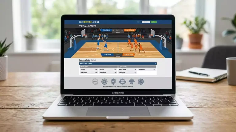 A laptop screen showing the footer area of a UK sportsbook website with a generic round certification seal logo and small certification text, alongside a virtual basketball match preview in the upper area of the screen.