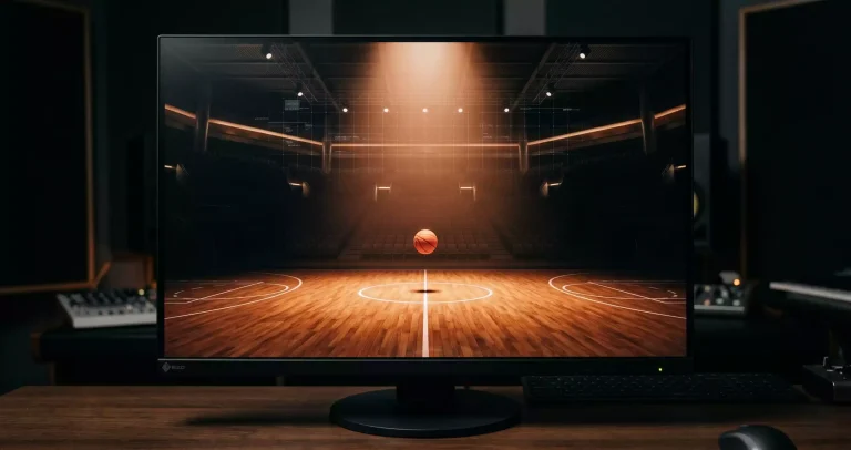 Stylised RNG-driven virtual basketball arena rendered for a UK sportsbook lobby