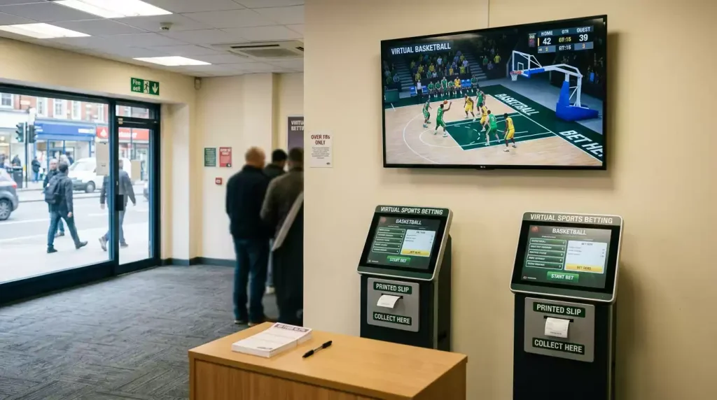 Interior of a UK high-street betting shop with a wall-mounted screen showing a virtual basketball match in progress, two indoor betting terminals beside it, and printed betting slips on a counter.