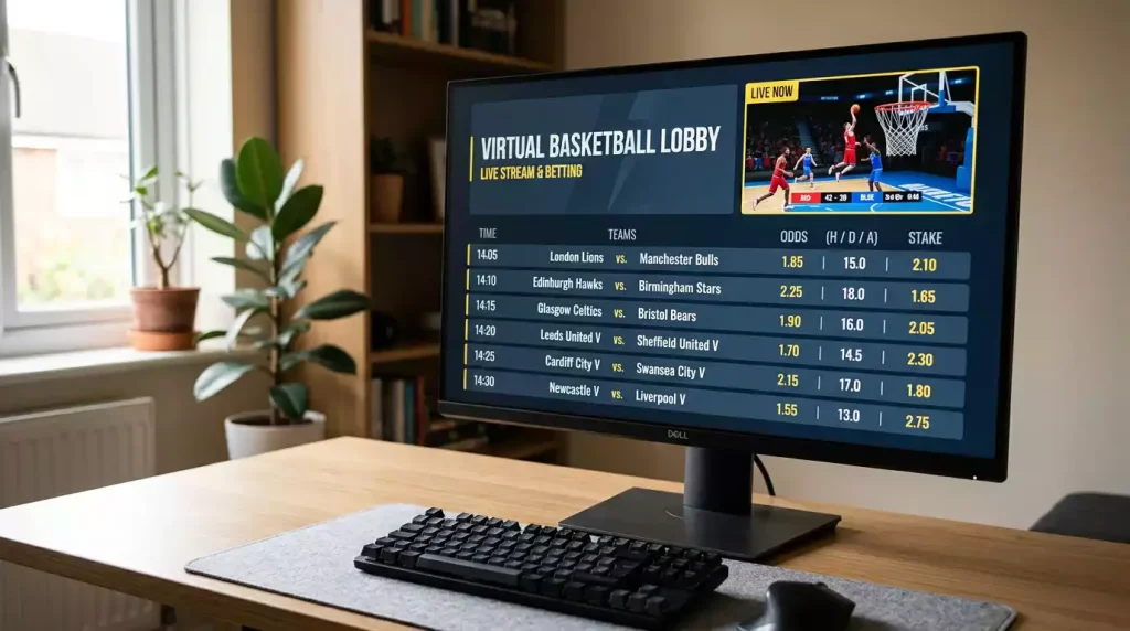 A desktop computer monitor displaying a virtual basketball lobby page with a list of upcoming computer-generated basketball fixtures, each row showing team names, scheduled times and odds.