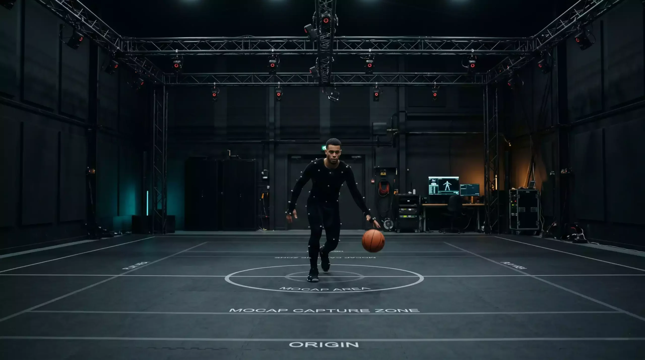 Motion-capture studio with a performer in a marker suit recording basketball footwork under multi-camera rig