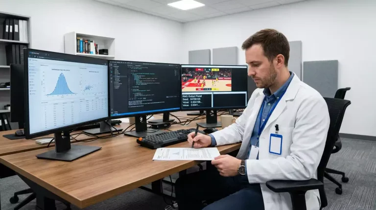 Interior of a software testing laboratory with a researcher in a white lab coat at a desk reviewing a virtual sports RNG test report, with multiple computer monitors displaying statistical charts and a basketball pattern visible on one screen.