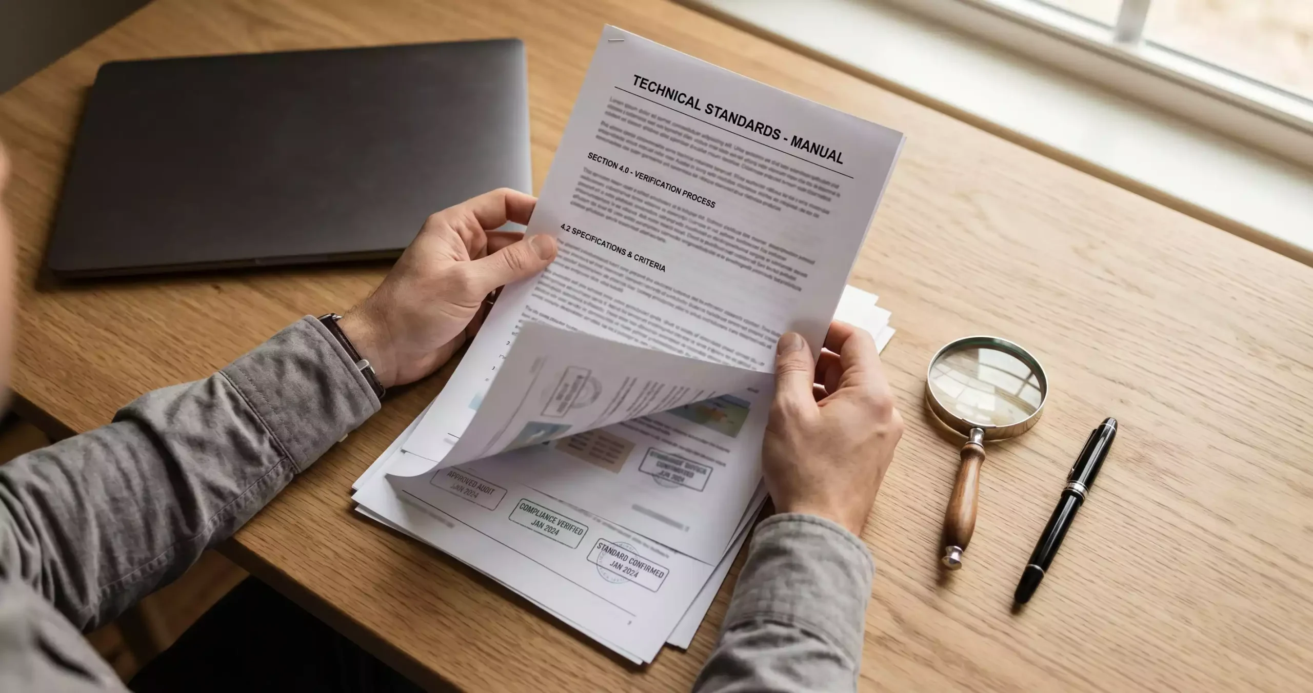 Compliance auditor reviewing a printed UK Gambling Commission technical standards document at a clean office desk