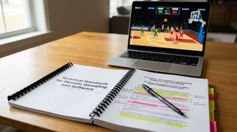 A printed regulatory document titled 'Remote Gambling and Software Technical Standards' lying open on a desk next to a laptop displaying a virtual basketball match in the background.
