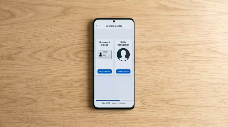 Smartphone face-up on a wooden desk showing an identity verification screen with a passport upload area, a selfie capture button and a status line reading 'Verifying identity'.