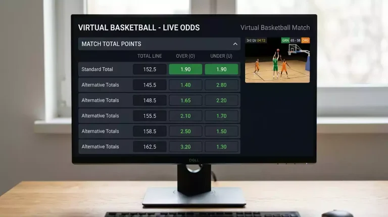 Desktop monitor screen showing a virtual basketball totals market with a standard line and several alternative over/under lines stretched higher and lower, listed in a clear table.