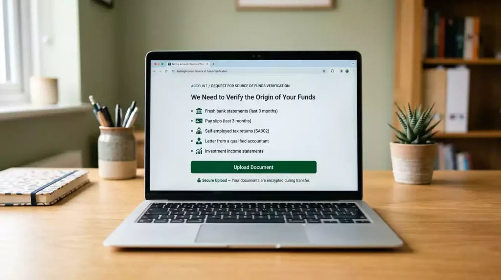 Laptop screen displaying a sportsbook source-of-funds request page with a checklist of acceptable document types - bank statements, payslips, tax returns - and a secure upload button.