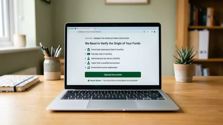 Laptop screen displaying a sportsbook source-of-funds request page with a checklist of acceptable document types - bank statements, payslips, tax returns - and a secure upload button.