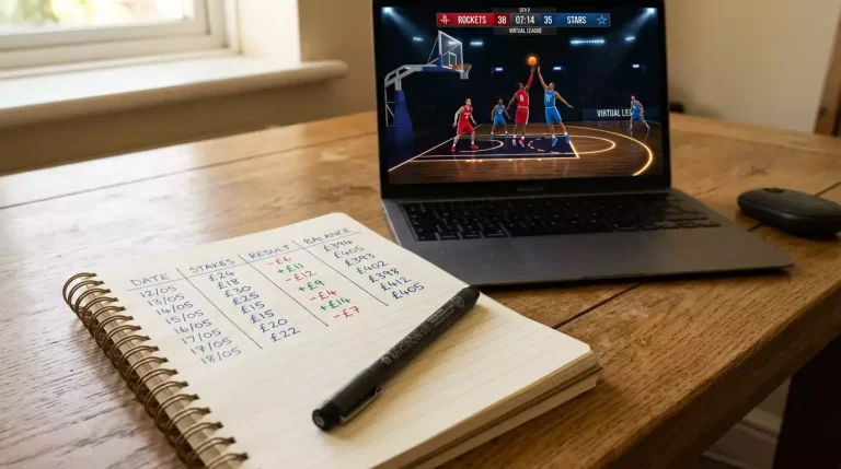 An open notebook with a handwritten weekly bankroll tracker showing dates and balance figures, resting on a desk next to a laptop displaying a virtual basketball match in progress.