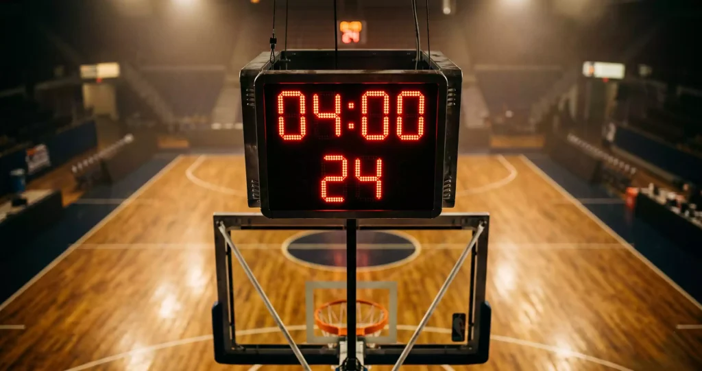 Annotated bankroll curve over a long virtual basketball session showing flat unit staking against the four-minute cycle
