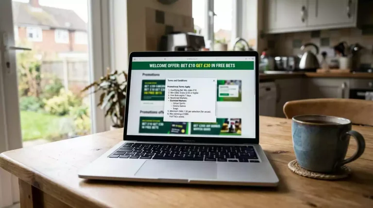 Laptop screen showing a UK sportsbook promotions page with bonus terms and conditions visible, particularly an excluded markets list including virtual sports, on a kitchen table.
