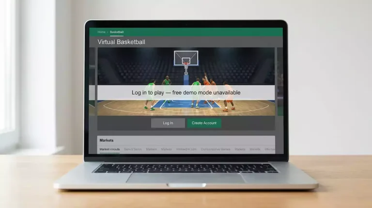 Laptop screen showing a virtual basketball product page on a UK sportsbook with a clear 'Log in to play' banner overlay covering the match area, indicating no demo mode is available without an account.