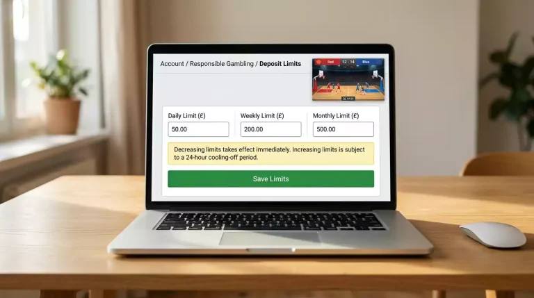 Laptop screen showing a deposit limits configuration page with three input fields for daily, weekly and monthly caps in pounds sterling, with a 'Save' button and notice about a 24-hour delay on increases.