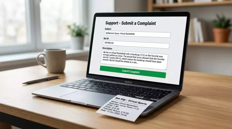 Laptop screen showing a sportsbook complaint form with three labelled fields - subject, bet reference and description - and a 'Submit complaint' button, on a desk next to a printed bet slip.