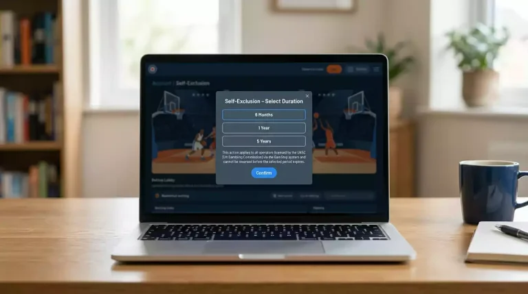 Laptop screen showing a self-exclusion settings page with three duration options (6 months, 1 year, 5 years) and a clear confirmation button, the rest of a virtual basketball lobby greyed out behind the modal.