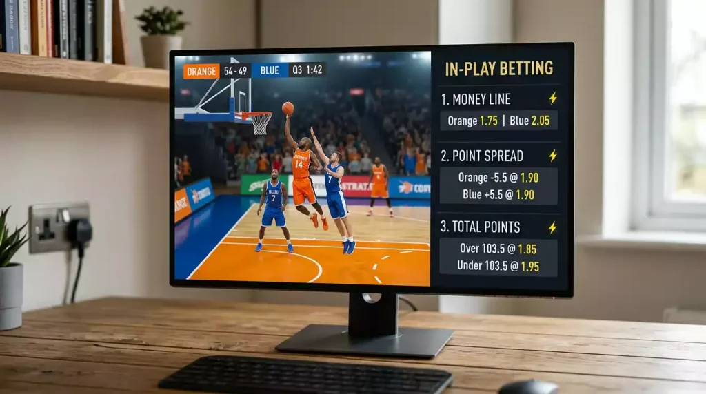 Close-up of a desktop monitor showing a virtual basketball odds board with money line, spread and total markets displayed in clear decimal odds, with a paper notepad and pen beside the keyboard.
