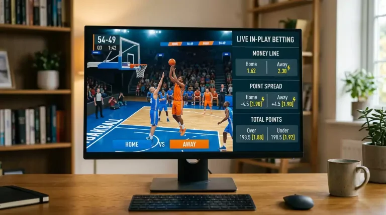 Desktop monitor showing a virtual basketball match streaming live with an in-play markets panel on the right side displaying updating money line and spread odds and a visible quarter clock.