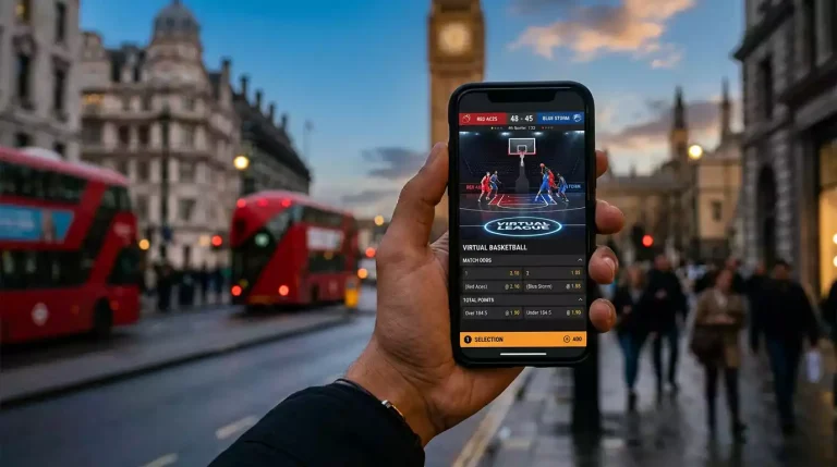 A modern smartphone held vertically in a hand, displaying a UK sportsbook virtual basketball page with a live match preview at the top, a bet slip slide-out at the bottom, and a clear basketball hoop visible in the match graphic.