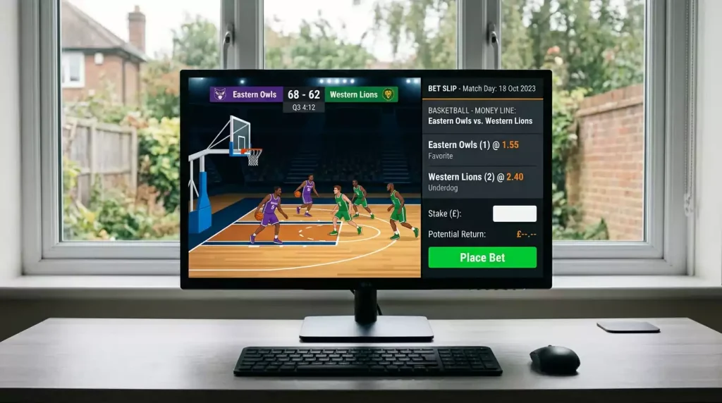 Desktop monitor showing a virtual basketball money line bet slip with two team names, decimal odds, a stake field and a return field, with a virtual basketball match preview in the corner.