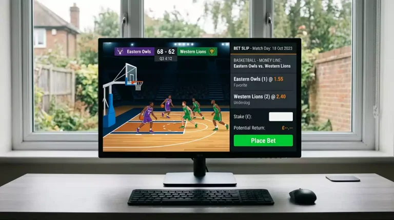 Desktop monitor showing a virtual basketball money line bet slip with two team names, decimal odds, a stake field and a return field, with a virtual basketball match preview in the corner.