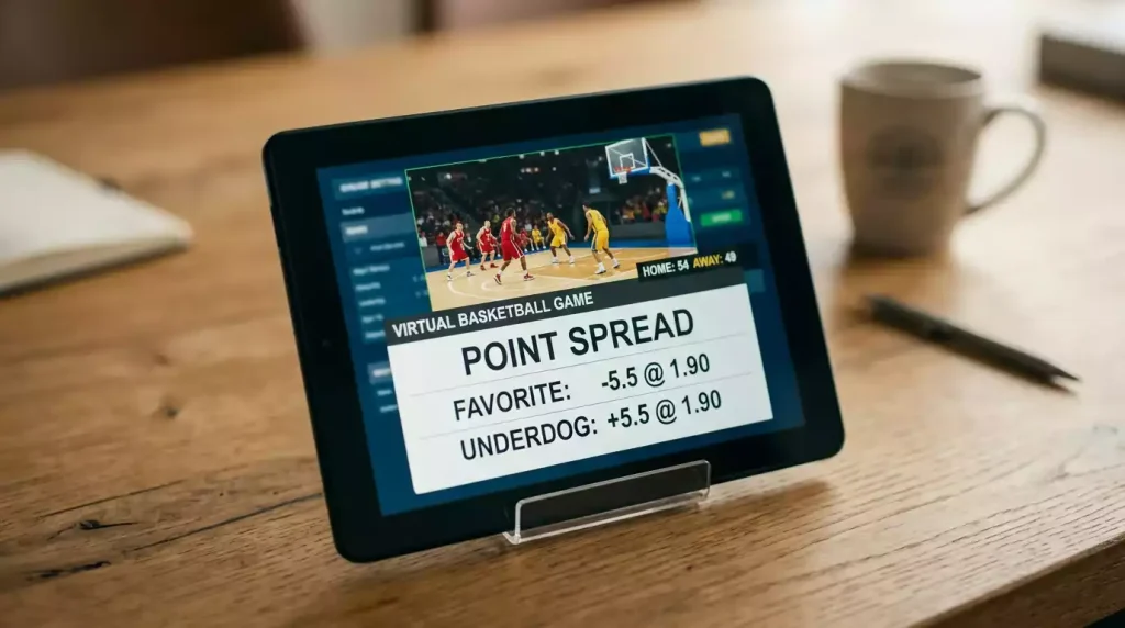 Tablet device on a desk showing a virtual basketball point spread market with the favourite at -5.5 and the underdog at +5.5, both priced near even money, alongside a small live virtual match preview.