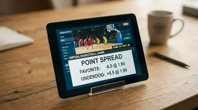 Tablet device on a desk showing a virtual basketball point spread market with the favourite at -5.5 and the underdog at +5.5, both priced near even money, alongside a small live virtual match preview.
