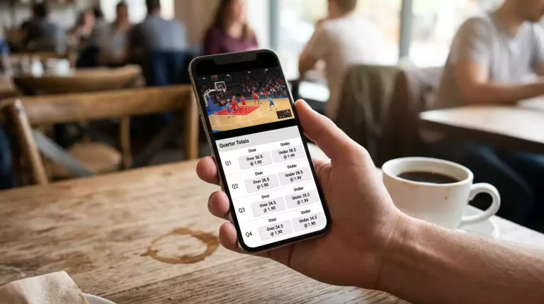 Smartphone screen displaying a virtual basketball quarter totals market with four rows for Q1, Q2, Q3 and Q4 over/under lines, held by a hand against a wooden cafe table.
