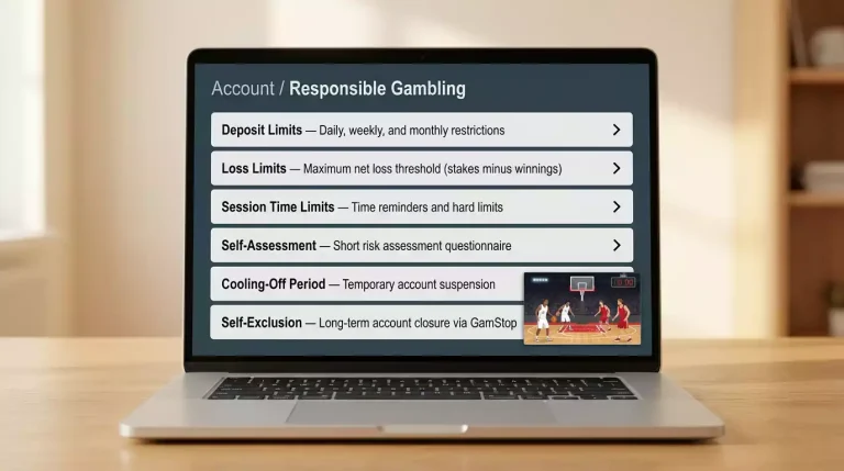 Laptop screen showing a UK sportsbook 'Responsible Gambling' settings menu with a vertical list of options - deposit limits, loss limits, session time limits, self-assessment, cooling-off and self-exclusion.