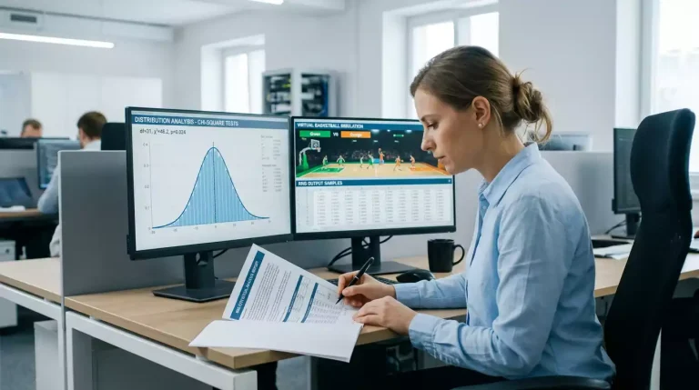A software testing engineer at a desk reviewing a printed RNG certification report, with a monitor in the background showing a distribution chart and a virtual basketball match preview.