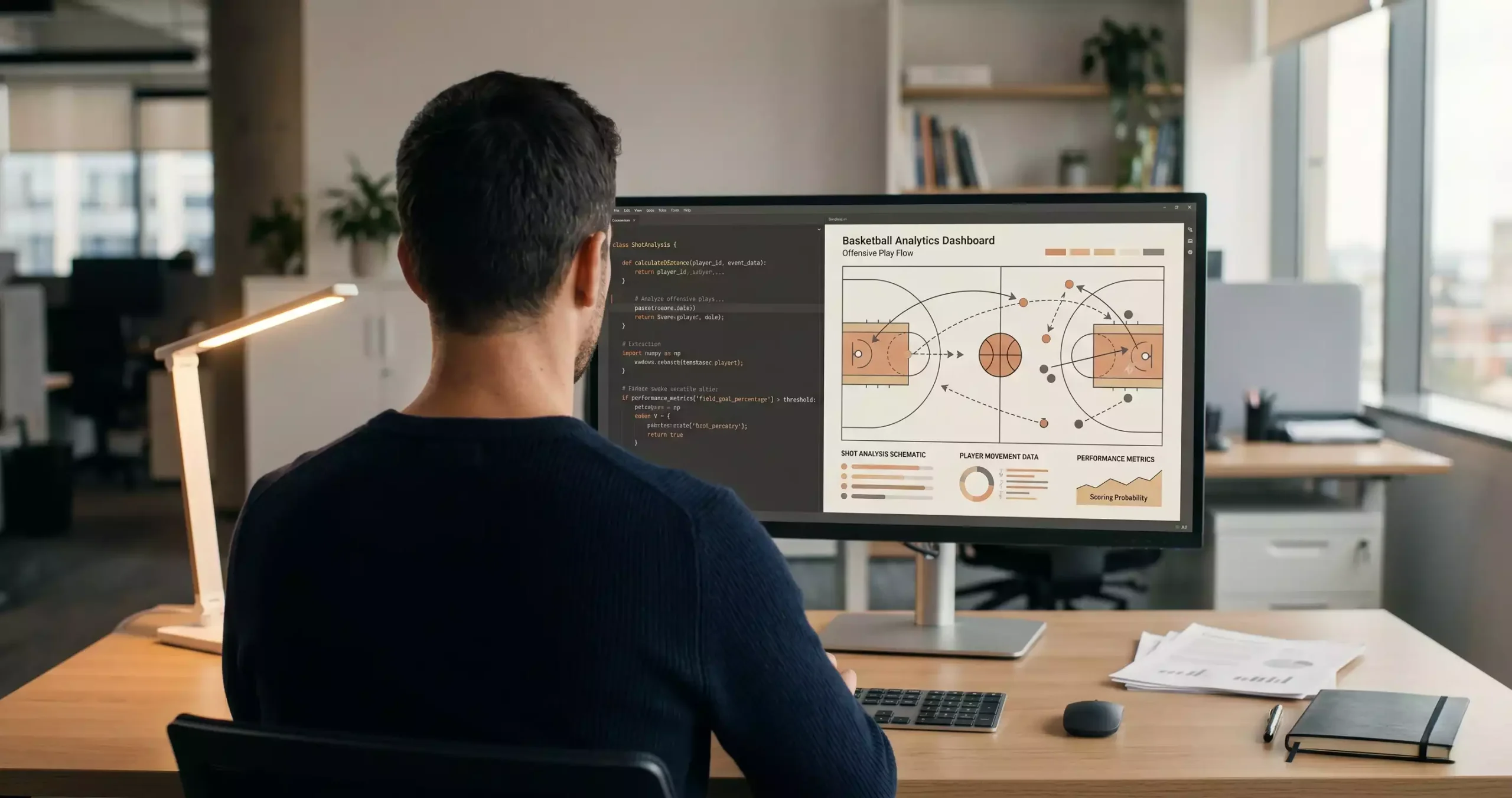 Software engineer reviewing the RNG game engine that drives a virtual basketball match