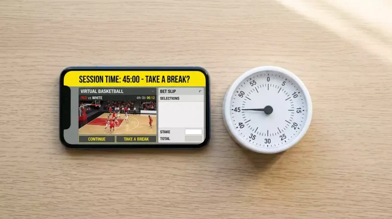 Smartphone face-up on a desk showing a virtual basketball app with a 'Session Time: 45:00' reality-check banner across the top of the screen, with a kitchen timer next to it.