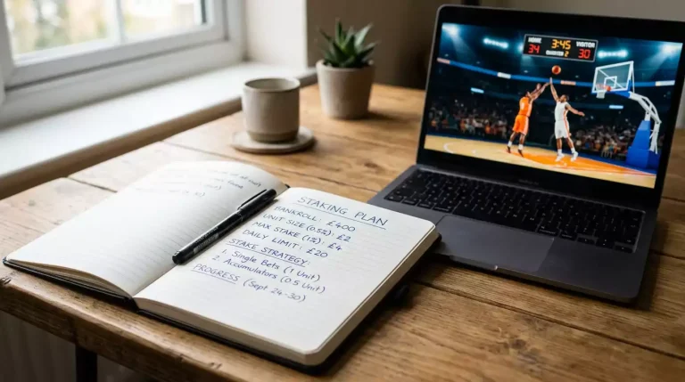 A handwritten staking plan on lined paper showing several unit-size figures and a column of stake calculations, lying on a desk next to a laptop displaying a virtual basketball match.