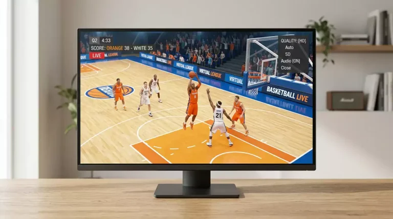 Large desktop monitor showing a high-definition virtual basketball stream with clear court markings, player avatars and an on-screen quarter clock, with stream quality settings menu visible in the corner.
