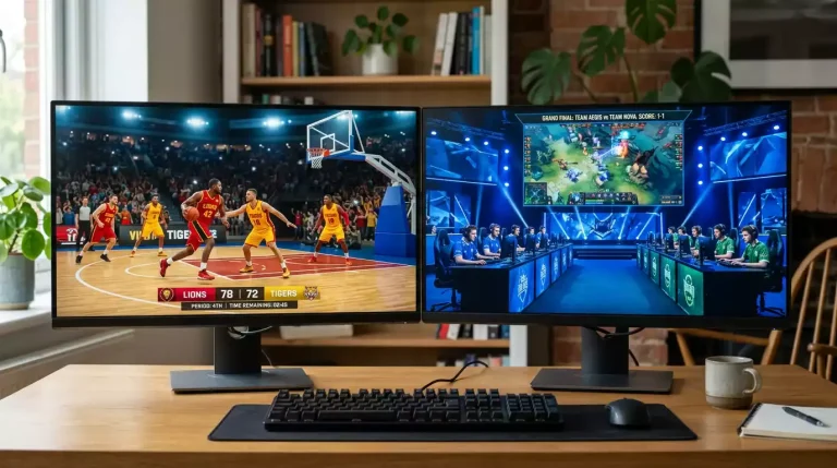 Two side-by-side desktop monitors, the left showing a virtual basketball match in progress and the right showing a competitive video game tournament arena with players in seats.