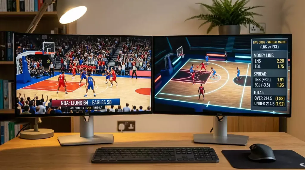 Two side-by-side desktop monitors, one showing a live NBA basketball game broadcast and the other showing a virtual basketball match with overlay graphics, both placed on a tidy office desk in a UK home office.