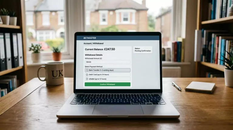 Laptop screen showing a sportsbook withdrawal page with a numeric amount field, a list of payment method options (bank transfer, debit card, e-wallet), and a status panel reading 'Processing'.